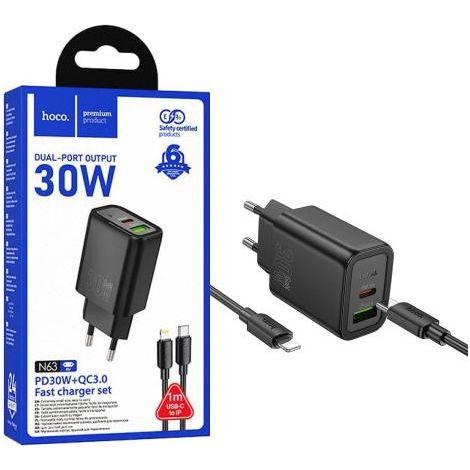 Hoco N63 Netzladegerät USB-C + USB-A 30W PD QC 3.0 mit USB-C Kabel 1M Schwarz