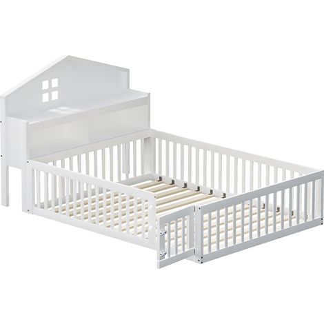 Letto bambini a casetta 140 x 200 con sponde, porta, vano contenitore e rete, bianco (1/5)