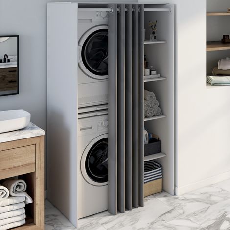 Mueble doble para lavadora con cortina corredera blanca WALLIS gris