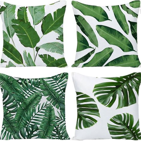 Ensemble de 4 housses de coussin 45 x 45 cm, motif feuilles tropicales vertes, en polyester et lin, pour coussins décoratifs. (1/5)