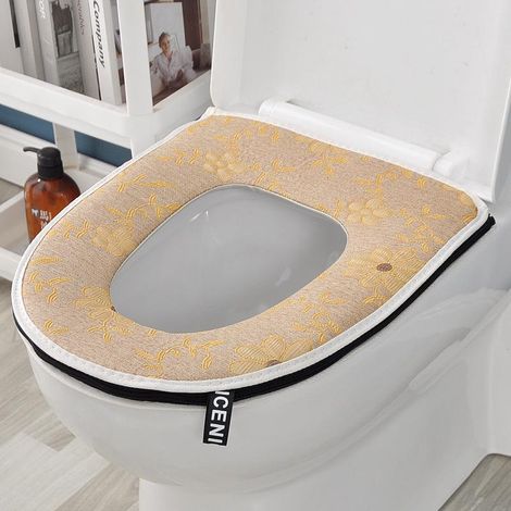 Lot 1 Housse de siège de WC imperméable (beige fleurs gaufrées), coussin de toilette universel avec fermeture éclair, assise chauffante et rembourrée, compatible avec la plupart des toilettes (sans au (1/5)