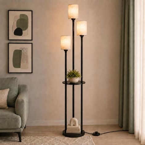 Lampadaire noir moderne avec étagère, Lampadaire vintage à 3 flammes avec abat-jour en lin & interrupteur à pied, Lampadaire industriel pour salon chambre enfants bureau, 168cm, E27 (1/5)