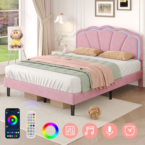 4FT6 Double Upholstered Bed with LED Adjustable Shell Shape Headboard, Soft Velvet Bed Frame with Solid Wood Slat, No Box Spring Needed, Pink (No Mattress) (1/5)