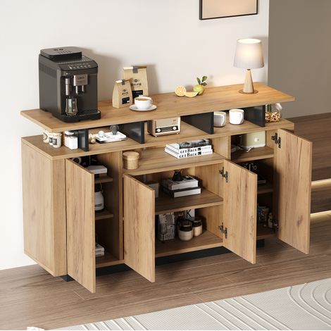 Sideboard aus Spanplatte in Natural/Schwarz, 4 Türen und 3 offene Fächer, 140x40x85 cm (1/5)