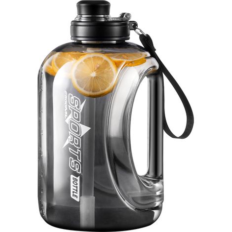Gourde de sport grande capacité de 2,8 L avec paille (noire) et poignée de transport, idéale pour les activités de plein air. (1/5)