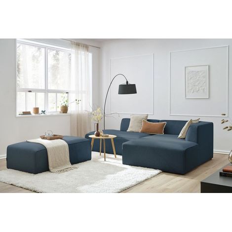 BOBOCHIC - Canapé d'angle fixe modulable MEGEVE tissu chiné avec pouf Angle droit  Bleu foncé (1/5)
