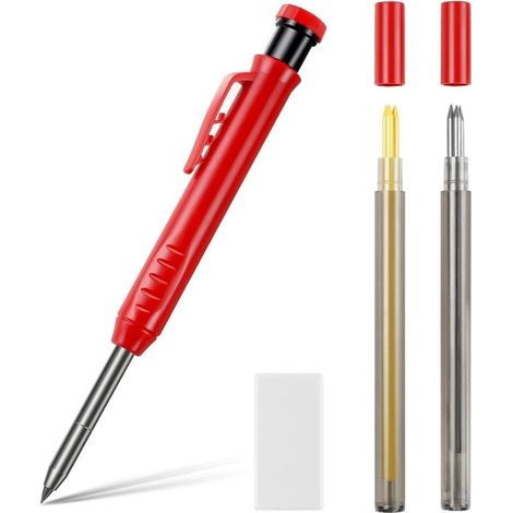 Crayon Chantier Solide et Extensible, Crayon de Menuisier avec 6 Recharges et Gomme, Crayon Mécanique, Taille-Crayon Intégré Marqueur de Travail Bois à Long Nez pour Architecte Menuiserie (1/5)