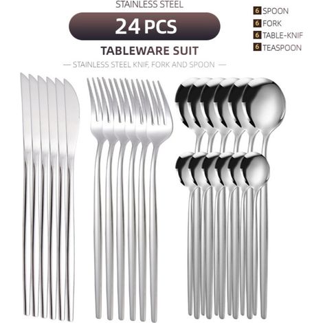 Lot de 24 couverts en acier inoxydable argenté, service pour 6 personnes, couteaux à steak pour hôtels et repas occidentaux (1/5)