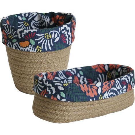 Lot panier rangement, pochon corde tressée et tissu bleu motif fleuri (1/5)
