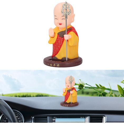 Figurine Religieuse avec Panneau Solaire Incorporé - Statuette Automatique de Petit Moine Nodding pour Décor de Véhicule Rouge (1/5)