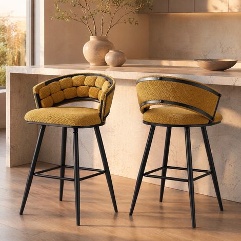 Sgabello da bar in velluto giallo e metallo nero, set da 2, 56 x 50,5 x 98,5 cm HAVRYA (1/5)