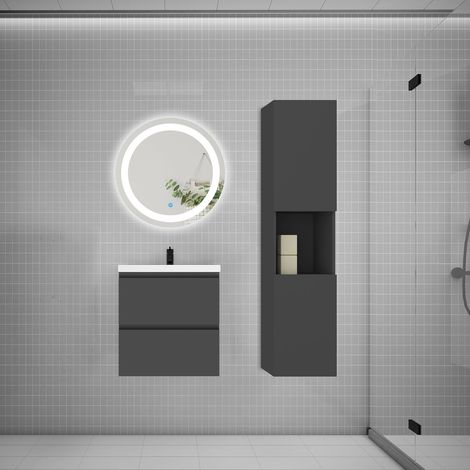 AICA Ensemble meuble vasque L.50cm 2 tiroirs + lavabo + LED miroir rond 60cm + colonne,anthracite,easy (1/5)