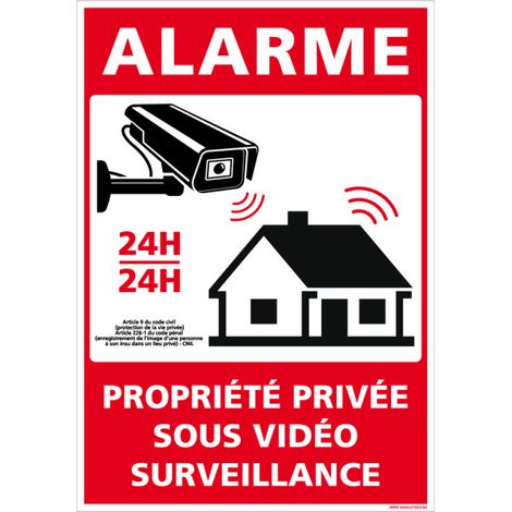 Panneau Alarme - Propriété Privée sous Vidéo Surveillance 24h/24 avec Loi. G1651. Sticker alarme, panneaux PVC, alu - Plastique PVC 1,5 mm - 300 x 420 mm