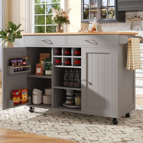 Isola da cucina 102/45/92 cm grigia con ruote e spazio contenitivo (1/5)
