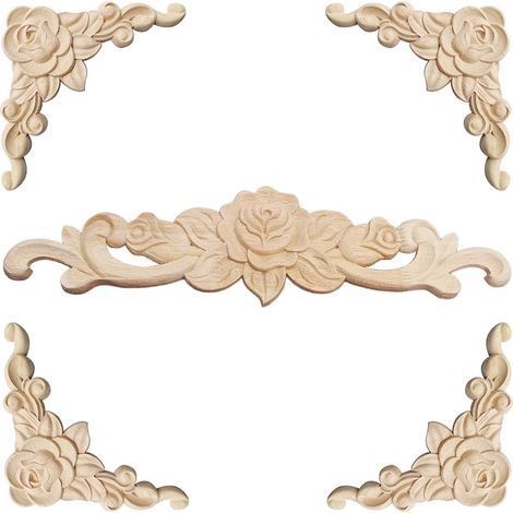 Moulure Decorative Bois 5 Pièces Sculpture Bois Moulure Décorative Bois Applique Moulure Rosace Decorative Floral Bois Sculpte Decal Sculpté d'angle Decoratif pour Décoration Meuble (1/5)