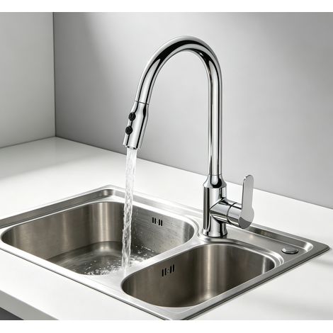 DUSCHPARADIES Küchenarmatur Ausziehbrause 360°drehbar 2 Strahlarten Zink Messingkern KTW Hochbogen Spültischarmatur Wasserhahn Hochdruck Chrom (1/5)