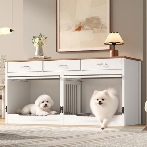 Cage pour chiens en bois et métal 164 x 60 x 81 cm, niche intérieure pour 2 chiens, avec verrouillage, porte rabattable, séparateur amovible et 3 tiroirs (1/5)