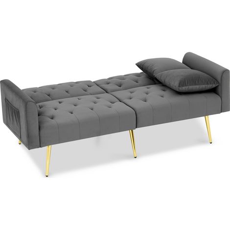 Sofá Cama de 2 Plazas en Terciopelo, Respaldo Inclinable en 3 Posiciones, 2 Cojines, Patas de Metal, Gris (1/5)