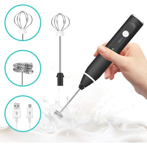 Mousseur à lait électrique, rechargeable, en acier inoxydable, 3 vitesses, 2 fouets, pour café, latte, cappuccino, matcha, noir. (1/5)