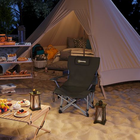 Silla de camping plegable y reclinable con reposapiés, reposacabezas y portavasos extraíbles, color negro.