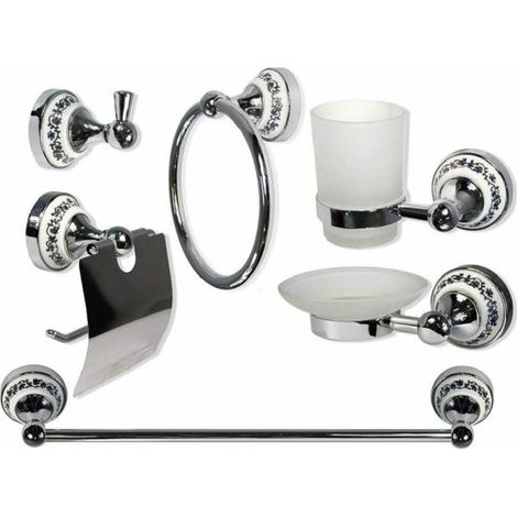 Set De Baño 6pzs Acero Cristal Cerámica Azul Negro 52438 Jabonera Portarollos -