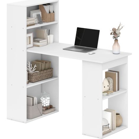 Bureau informatique avec étagères 6 niveaux, table en bois bureau d'étude, 120 x 55 x 120 cm, blanc (1/5)