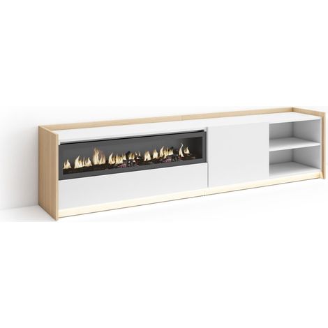 Skraut Home - Mobile TV Soggiorno, Ampio spazio a disposizione, 207x37x50cm, Per TV fino a 80", Camino elettrico, LED, Stile moderno, Bianco e Rovere soft (1/5)