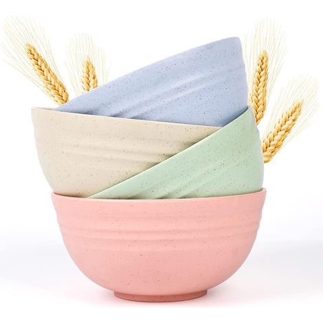 Ensemble de 4 bols légers en paille de blé et fibres de verre - Bols incassables et légers, compatibles lave-vaisselle et micro-ondes, sans BPA, sains pour le riz et la soupe. (1/3)