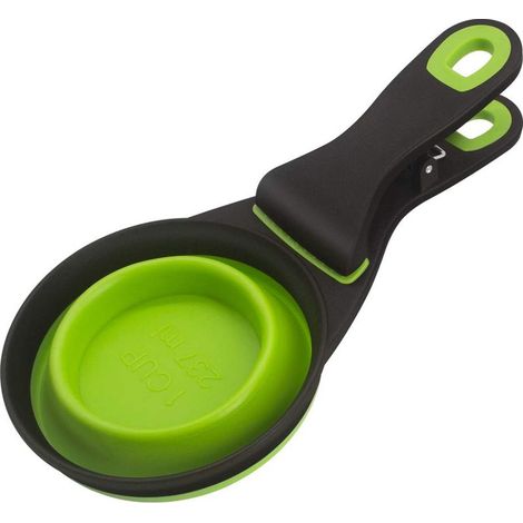 Support de sac de céréales pliable en TPE 3 en 1 pour animaux de compagnie, tasse à mesurer pour nourriture pour chien (L, vert) (1/5)