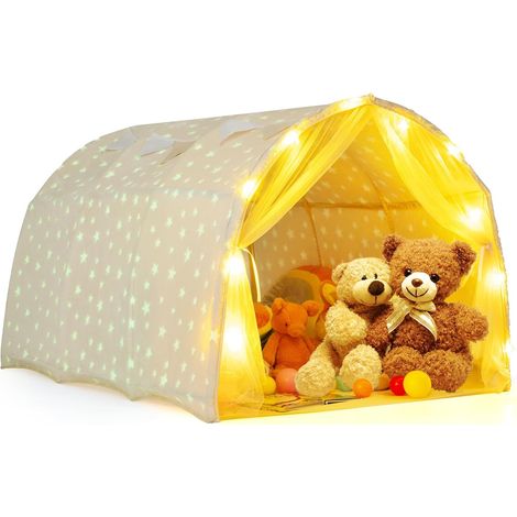 GOPLUS Tente Enfant Interieur, Tente de Lit avec Tissu Phosphorescent, Lumières Étoiles, Flanelle Lavable, Baldaquin Portable, Cabane Enfant Interieure pour 3+ Ans (1/5)