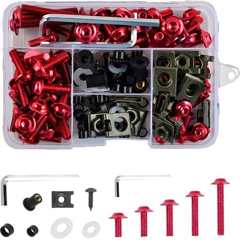 Kit de 195 boulons pour carénage moto, assortiment vis écrous rondelles M5 M6, attaches aluminium pour pare-brise, kit universel fixation moto rouge (1/5)