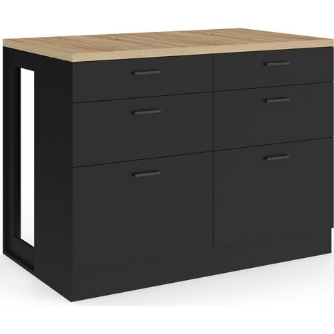 Idmarket – Ilot central mange-debout 120 cm – Casserolier 6 tiroirs noir – Plan de travail bois hêtre – Dimensions 120x70x90 cm