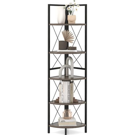 GOPLUS Biblioque Étagère Angle à 5 Niveaux, Etagère de Rangement 160cm, Cadre en Métal, Kits Anti-basculement, Supports en Forme de ‘X’, Style Industriel pour Salon, Bureau (Gris) (1/5)
