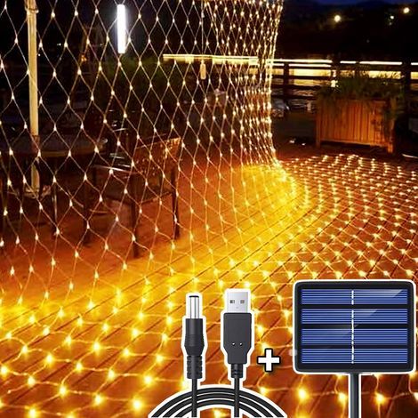 204 LED Filet Lumineux Solaire, 3M2M Guirlande Lumineuses Filet Solaire/USB Alimenté, Rechargeable Balcon Clôture Maille d'Éclairage, Lumières Corde Fée Etanche Romantique Déco Noel, Blanc Chaud (1/5)