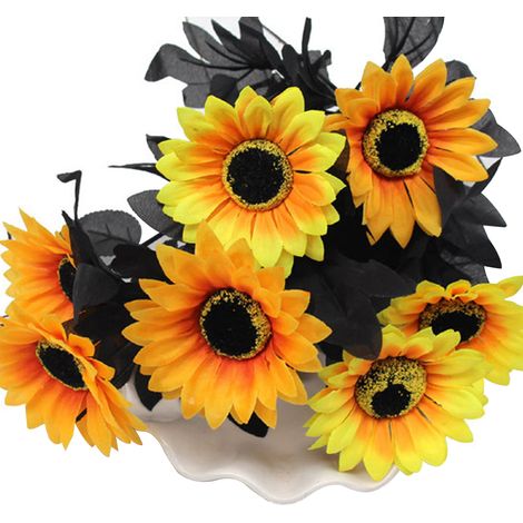 Tournesol artificiel d'Halloween (tige unique, noir) avec feuilles noires hauteur totale 41 cm, diamètre de la fleur 10 cm (1/5)