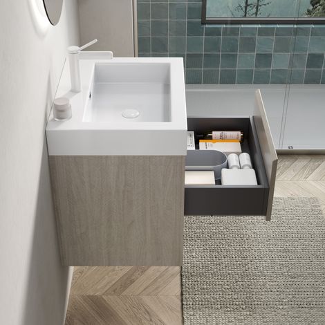 Meuble vasque mural de 55cm, avec vasque rectangulaire blanche intégrée en résine, avec tiroir, étagère ouverte, chêne clair (1/5)