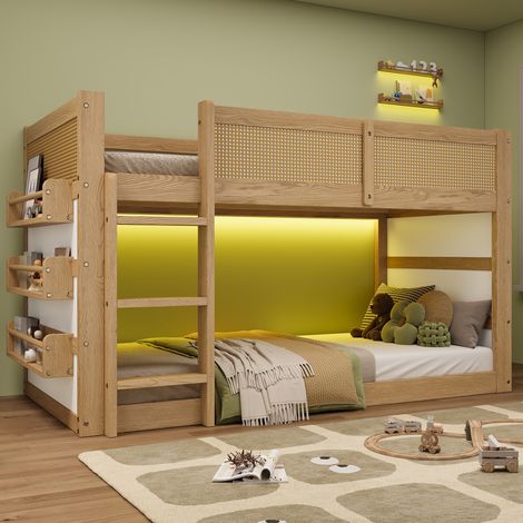 Letto a soppalco 90x200 cm naturale e bianco in legno e MDF con ripiani e LED (1/4)
