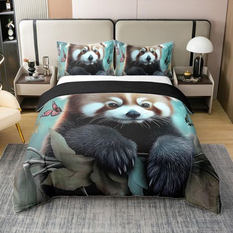 Parure de lit 100 % coton avec housse de couette de 135 x 200 cm et 1 taie d'oreiller - Motif panda rouge - 135 x 200 cm - Pour enfants, adolescents et adultes - Motif Kawaii, animaux du zoo Kawaii (1/5)