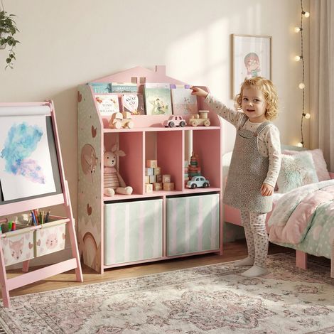 Meuble rangement enfant. bibliothèque enfants avec étagères ouvertes et 2 tiroirs en tissu. MDF. rose