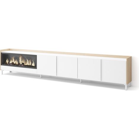 Skraut Home - Meuble TV, Banc Télé, Grand espace de Rangement, 315x35x61cm, Pour les TV jusqu'à 80", Cheminée électrique XXL, Design industriel, Style moderne, Blanc et Chêne Soft (1/5)