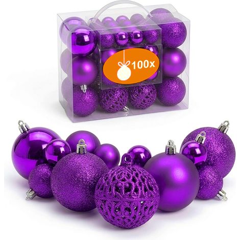 Kunststoff Christbaumkugel Set 100-teilig bruchsicher - lila - Design Weihnachtskugeln inklusive Metall Haken
