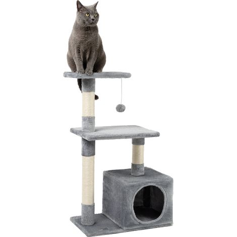 lionto Katzenkratzbaum, 85 cm kompakter Kratz- & Spielbaum mit Höhle, 2 Plateaus, Plüschball & Sisalstämmen, mit Wandhalterung, hellgrau