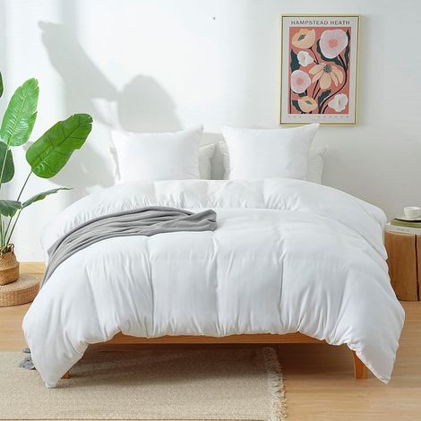 Parure de Lit 4 Pièces Housse de Couette 220x240cm + Drap Housse 180x200cm Bonnet 30cm + 2 Taies d'oreiller 65x65cm 2 Personnes Ensemble Housse de Couette Blanc Léger 80 Fils/cm² Microfibre (1/5)
