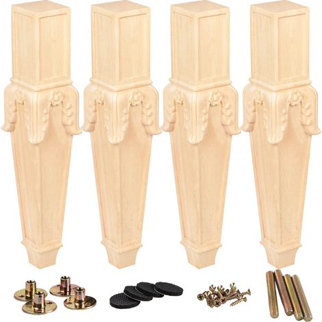 Lot de 4 pieds de meubles en bois massif de 45 cm / 18 pouces avec pieds en forme de bouchon sculptés en bois massif non finis avec plaque de montage et vis pour canapé, meuble, table (1/5)