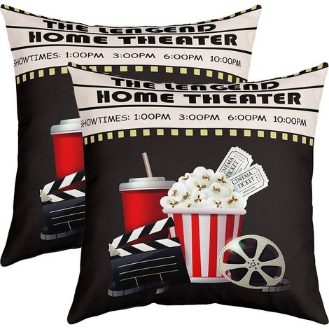 Homemissing Brassée Cinéma Lot De 2 Taie d'oreiller 60x60cm Films Théâtre Thèmes Housse Coussin pour Maison Le Salon Décor Taie Oreiller Réversible Popcorn Filmstrip Décor Housse de Coussin (1/5)