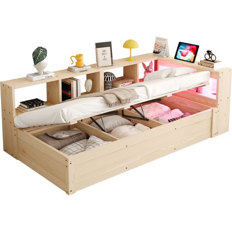 CHICFURN Sofá cama 90 x 200 cm multifuncional con enchufe integrado, LED controlable, amplio almacenaje y apertura hidráulica para dormitorio (1/5)