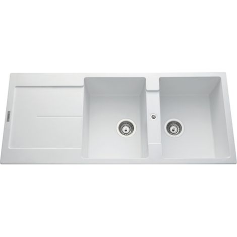 Évier granit blanc 2 bacs 1 égouttoir – Pose à encastrer – Dimensions 1160x500mm – Trop plein inclus – Pré-marqué pour robinetterie – Luisina (1/2)