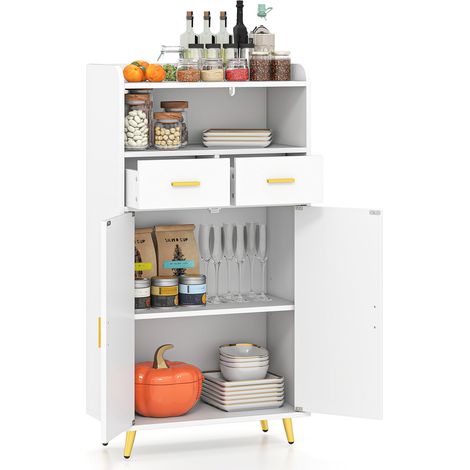 Mobiletto per bagno, mobiletto da bagno con 2 cassetti, armadietto a 2 ante, scomparto aperto, ripiano regolabile, 30 x 60 x 113 cm, bianco (1/5)
