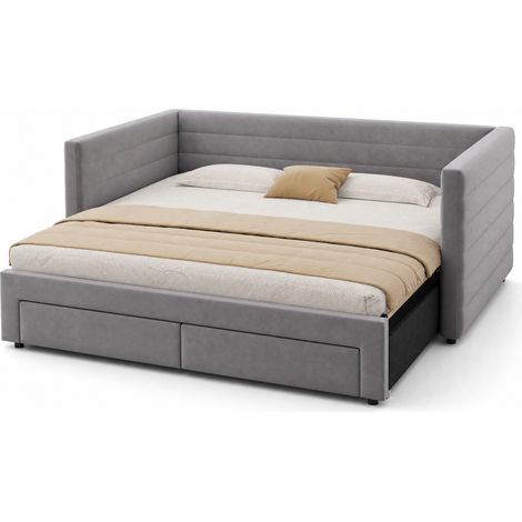 Lit banquette convertible 3-en-1 90 x 190 cm avec 2 tiroirs, transformable en 180 x 190 cm, tissu gris, sommier à lattes, pour petit espace, CHICFURN (1/5)