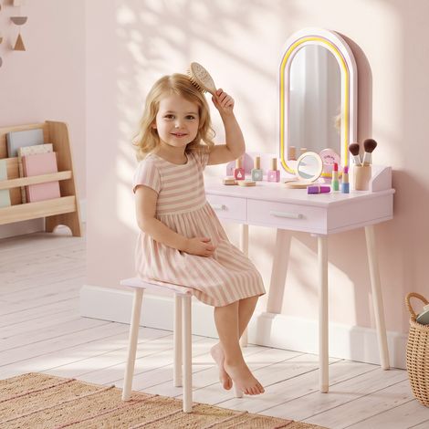 Coiffeuse Enfant en Bois avec Miroir LED 3 Couleurs, 3-8 Ans, Rose, haute qualité et durable (1/5)